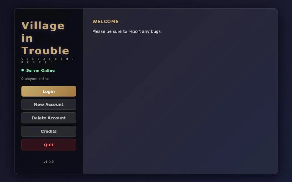 The login screen of Village in Trouble, a game made with Lune: Login, New Account, Credits, Server Online.